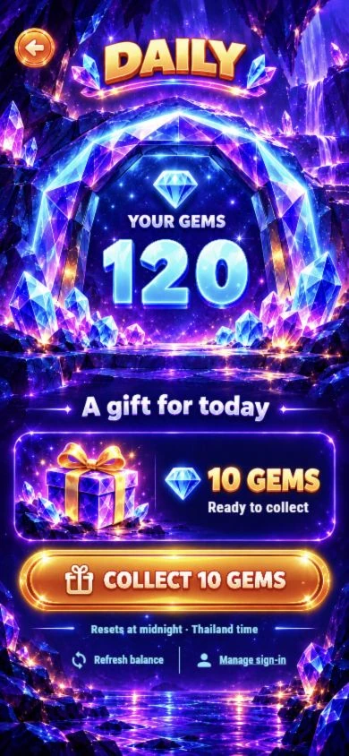 Daily Gems screen with a crystal vault and a daily gift