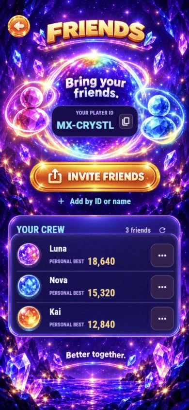 Friends screen with a list of players and their scores