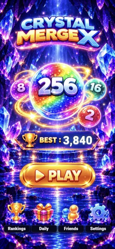 Crystal MergeX home screen with a rainbow crystal, Play button, daily rewards and rankings